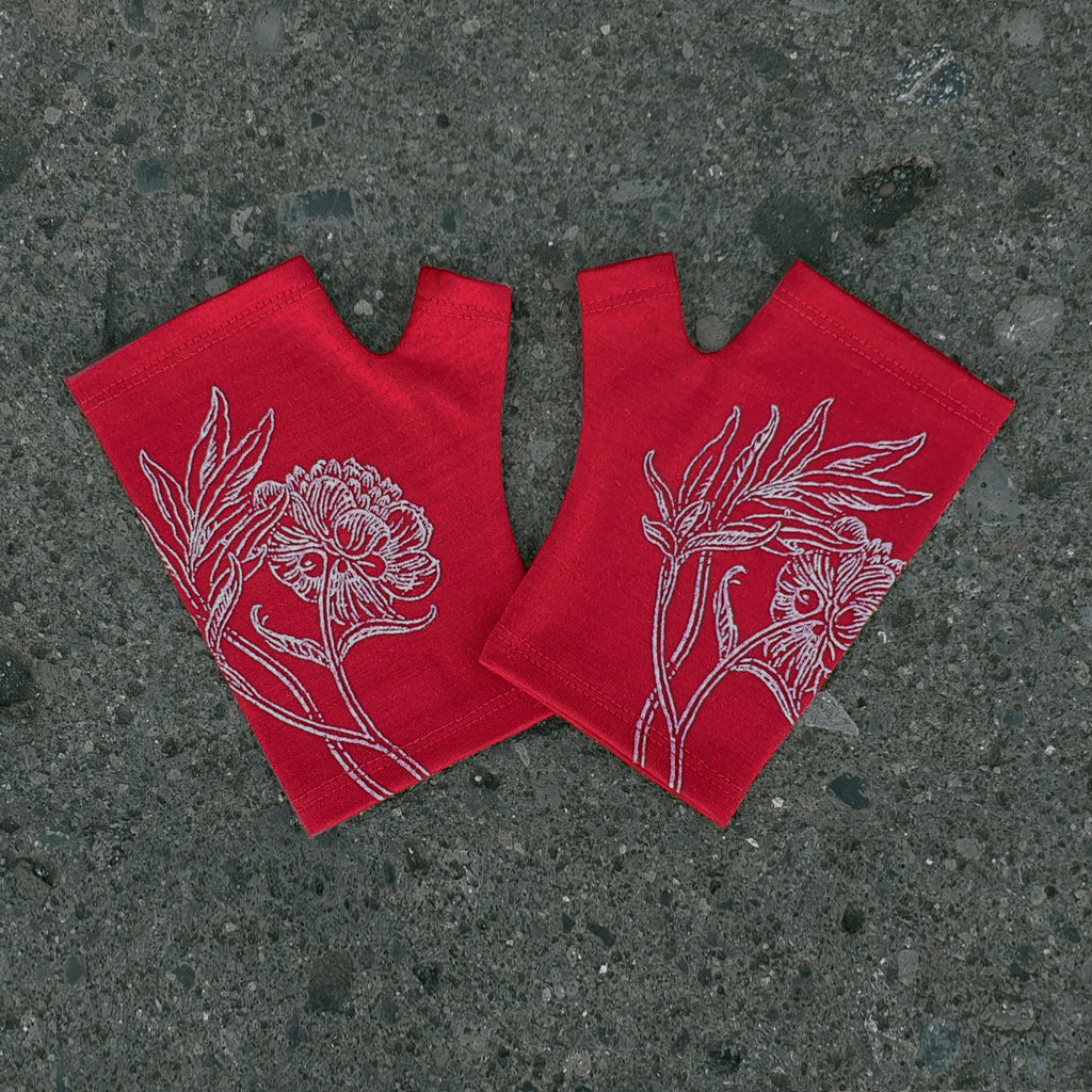 Red hobo length peony print merino fingerless gloves