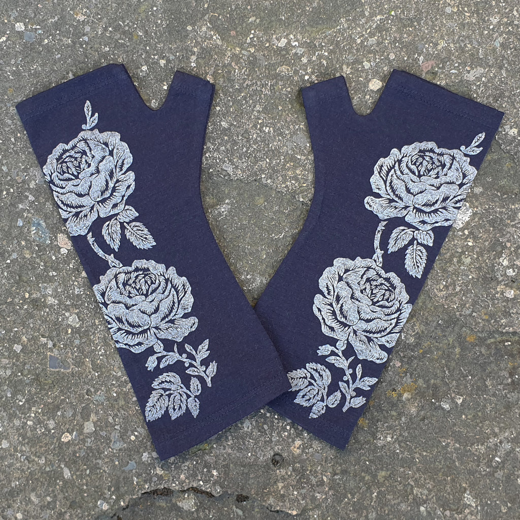 Navy dark blue silver metallic fingerless glove print merino wool New Zealand arm warmer rose screen printed wrist mitten floral flower cold weather winter formal evening gift elegant pretty coloured medium small fashion pattern