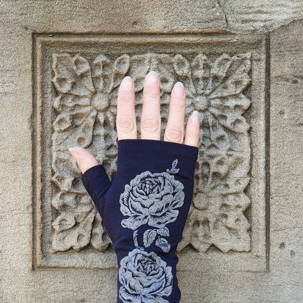 Ink rose print merino fingerless gloves