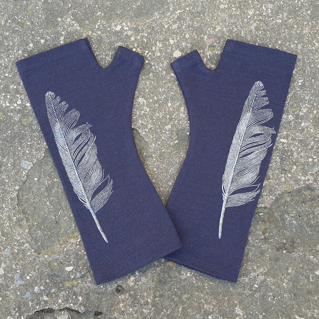Angel wings dark blue navy silver angel wing bird animal fingerless glove print merino wool New Zealand arm warmer feather screen printed wrist mitten grunge women gift winter evening pretty coloured medium small fashion