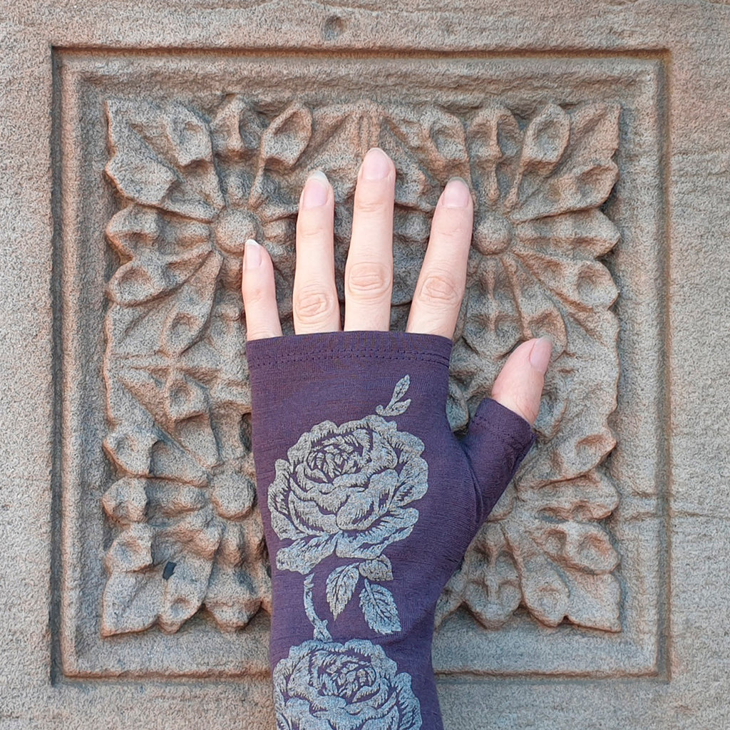 purple floral fingerless glove print merino wool New Zealand arm warmer silver metallic rose screen printed wrist mitten warmer red hat society flower pattern women winter cold weather gift evening fashion