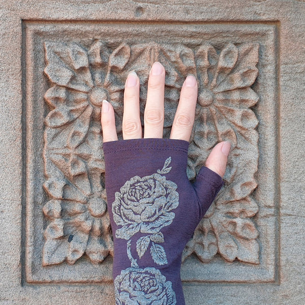 purple floral fingerless glove print merino wool New Zealand arm warmer silver metallic rose screen printed wrist mitten warmer red hat society flower pattern women winter cold weather gift evening fashion
