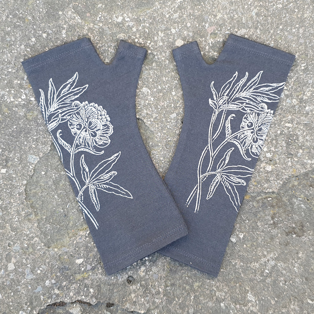 dark grey fingerless glove print merino wool New Zealand arm warmer silver peony rose screen printed wrist mitten warmer floral flower