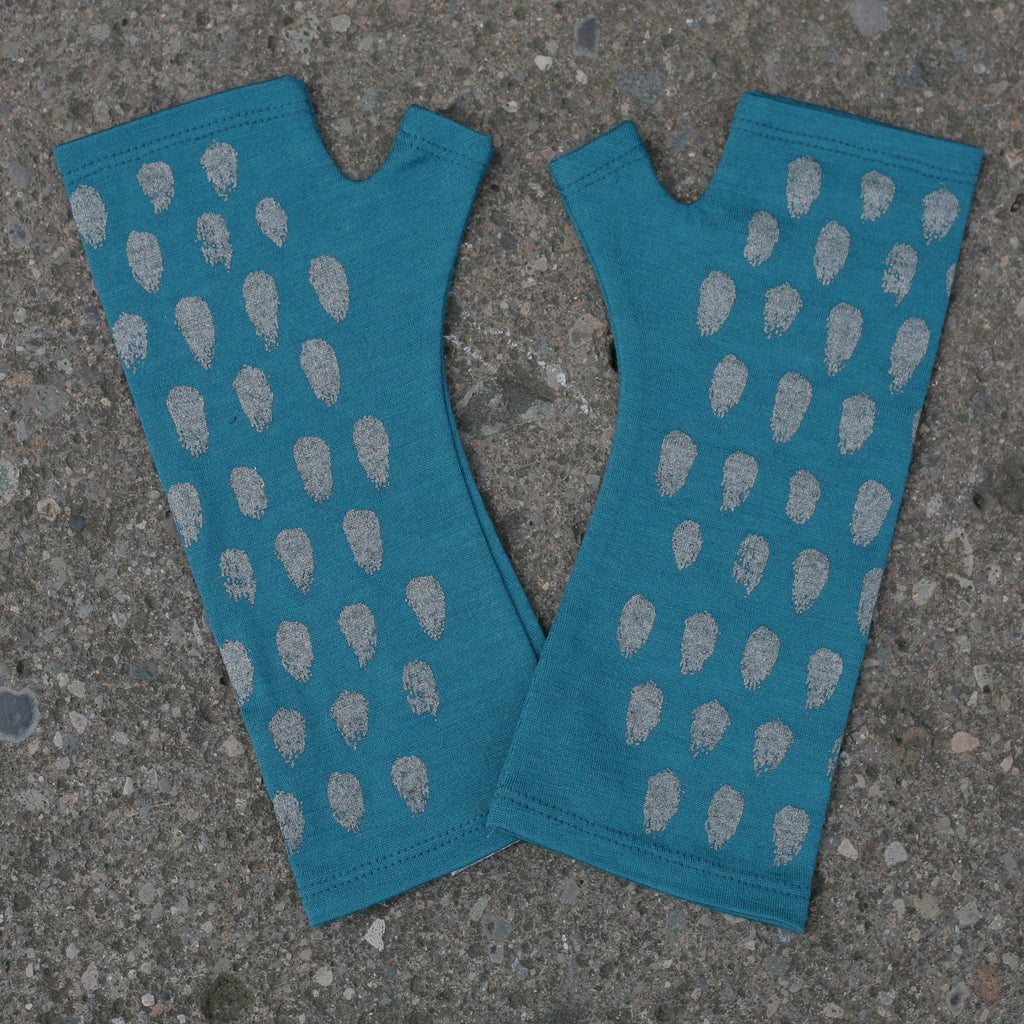 teal polka dot print merino fingerless gloves