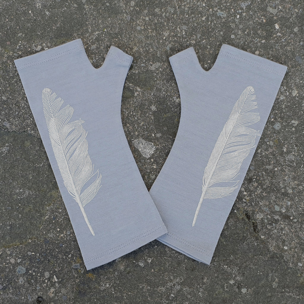 light pale grey silver angel wing bird animal fingerless glove print merino wool New Zealand arm warmer feather screen printed wrist mitten grunge women touchscreen cold weather winter evening pretty coloured medium small fashion