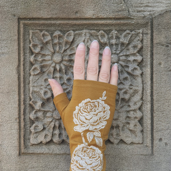 mustard yellow ochre fingerless glove print merino wool New Zealand arm warmer gold rose screen printed wrist mitten warmer women touchscreen  cold weather  winter formal evening gift elegant pretty coloured medium small fashion pattern