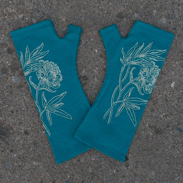 Teal peony printed merino fingerless gloves