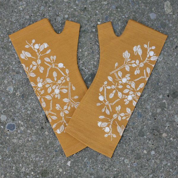 Mustard korokio print merino fingerless gloves