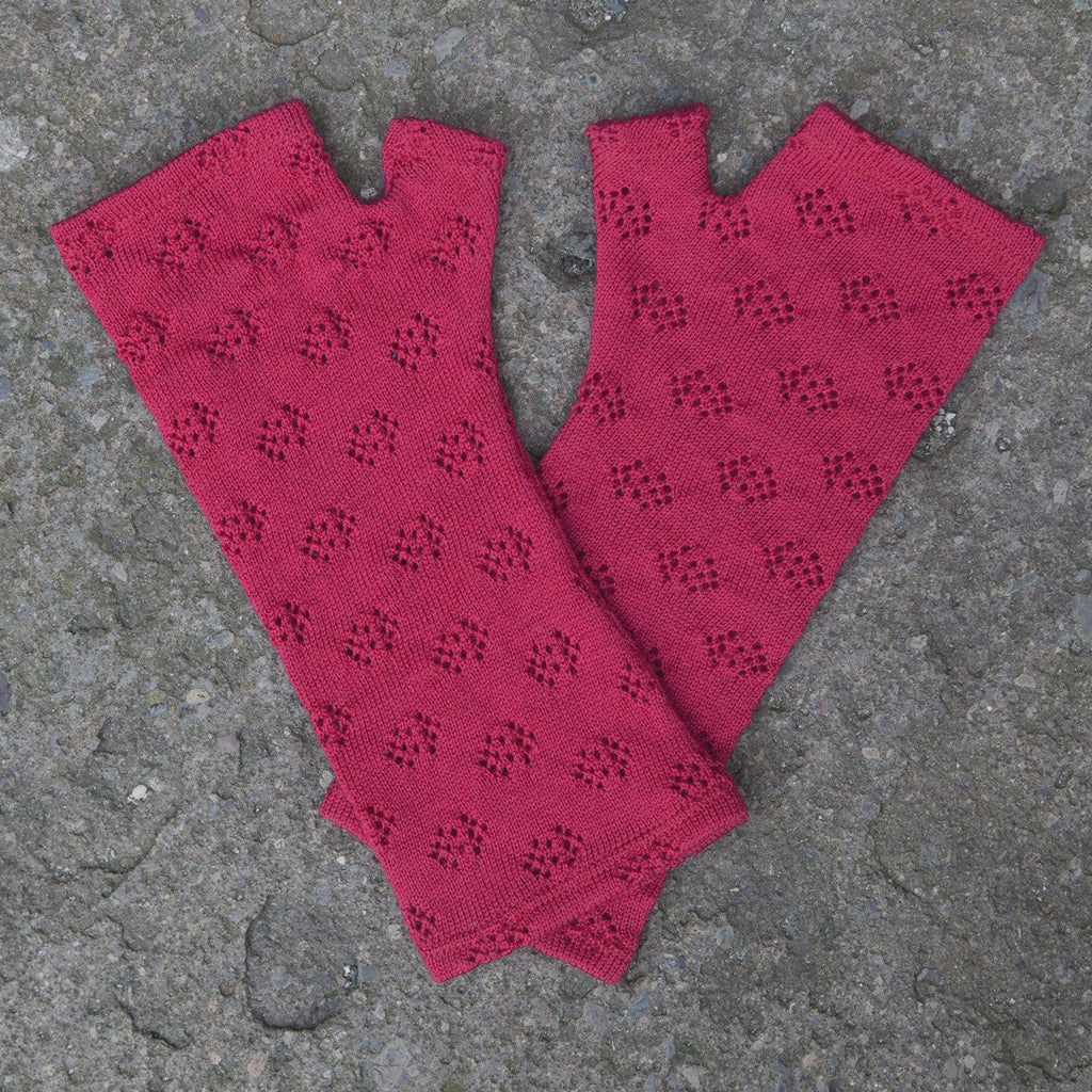 Pink lacy knit merino fingerless gloves