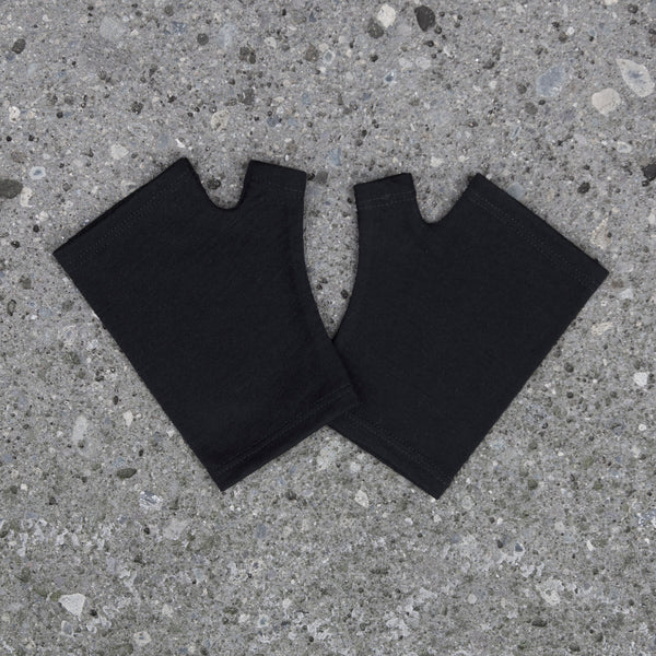 Black fine merino wool fingerless gloves, handmade in Dunedin New Zealand by Kate Watts. Evening, liner or cycling gloves.