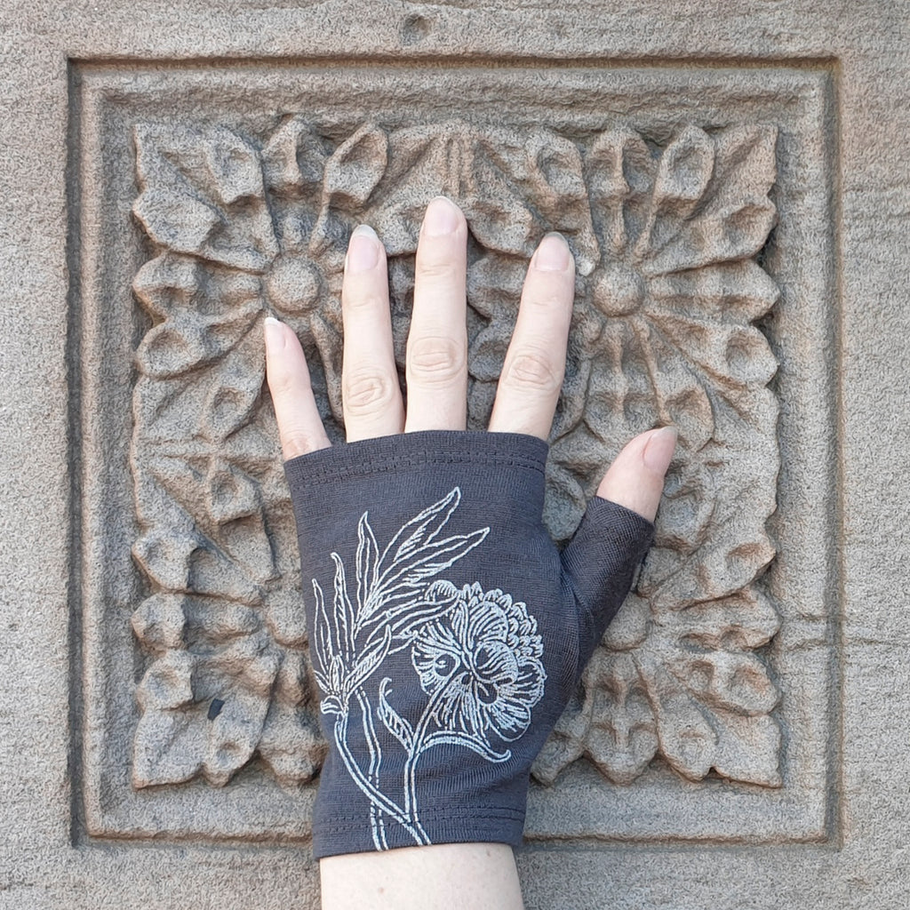 Charcoal hobo length peony print merino fingerless gloves
