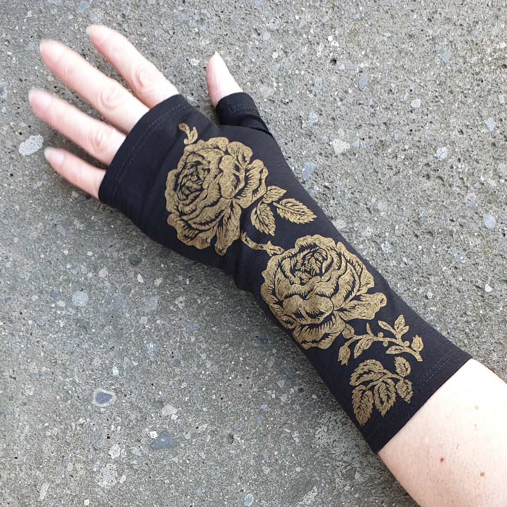 Black rose print merino fingerless gloves