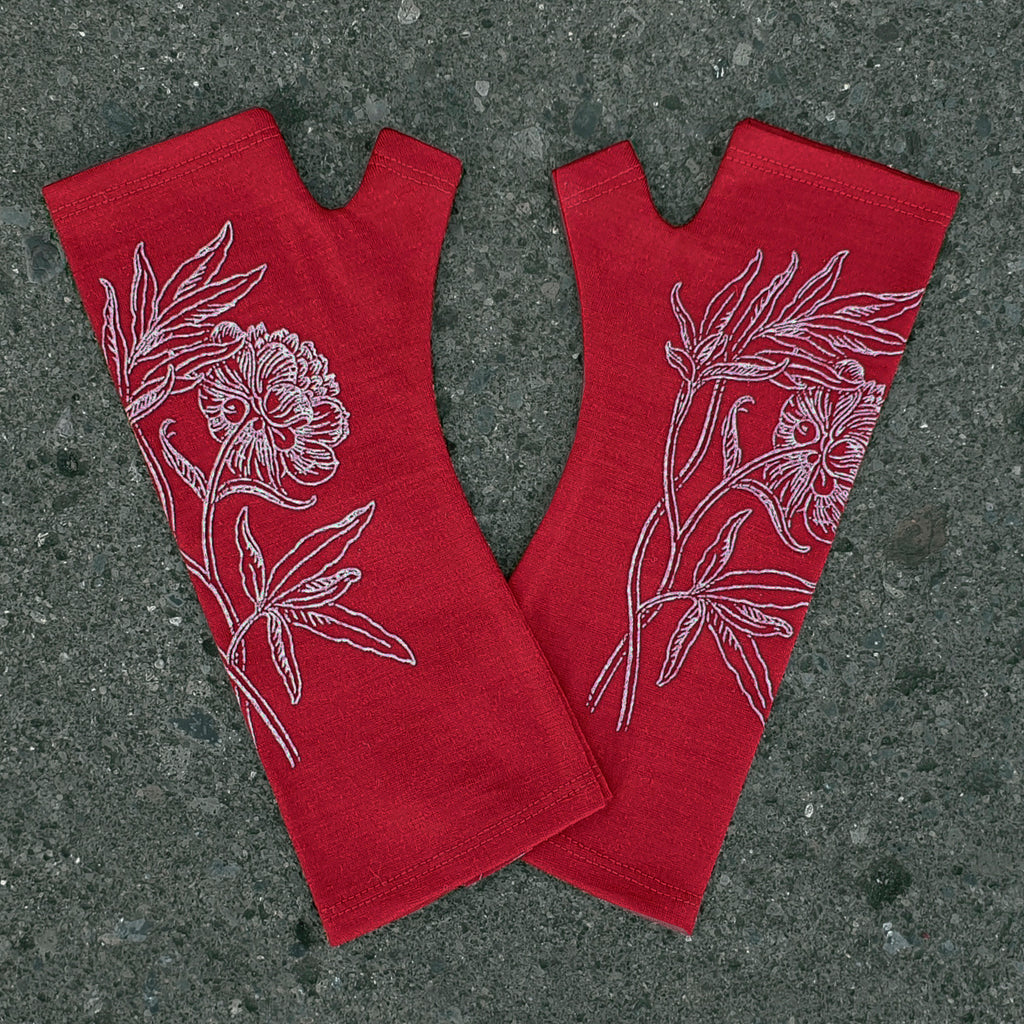 Red peony printed merino fingerless gloves