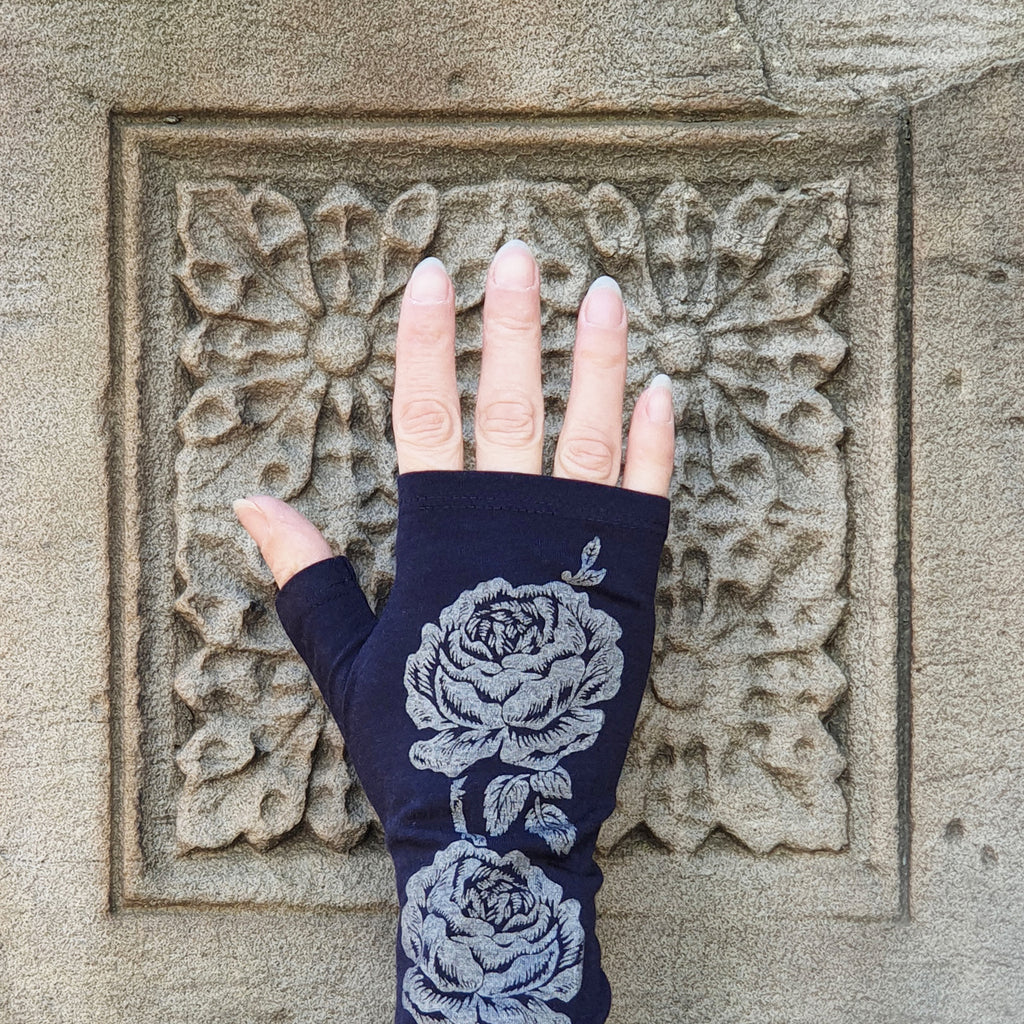 Ink rose print merino fingerless gloves