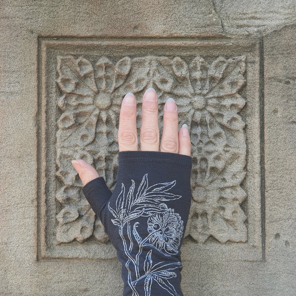 Charcoal merino fingerless gloves with peony print,  handmade in New Zealand by Kate watts f