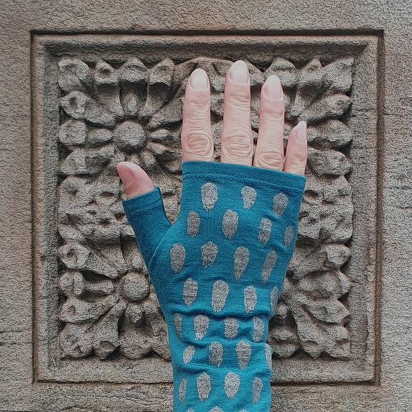 teal polka dot print merino fingerless gloves