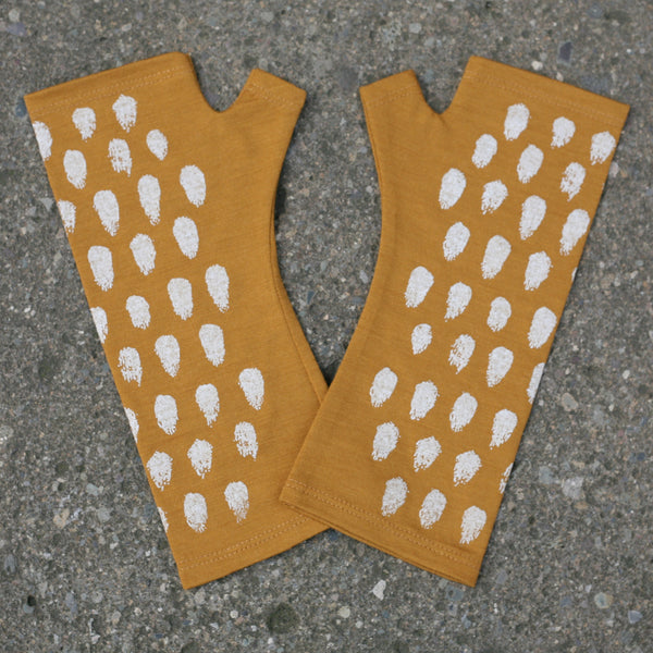 Mustard polka dot print merino fingerless gloves