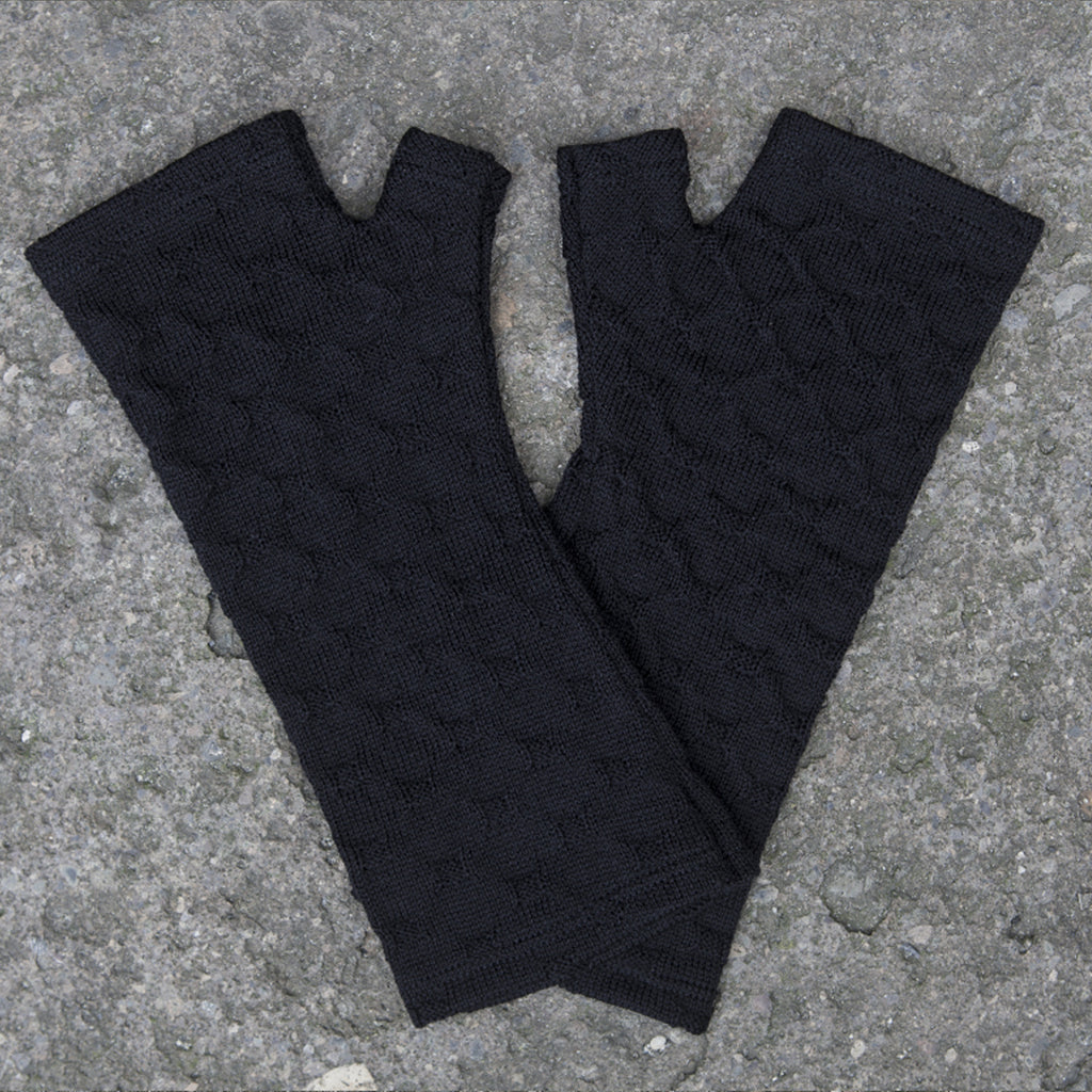 Black textured knit merino fingerless gloves