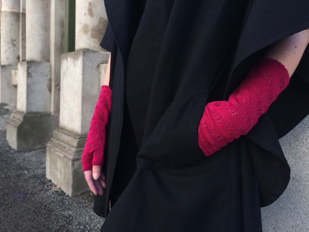 Pink lacy knit merino fingerless gloves