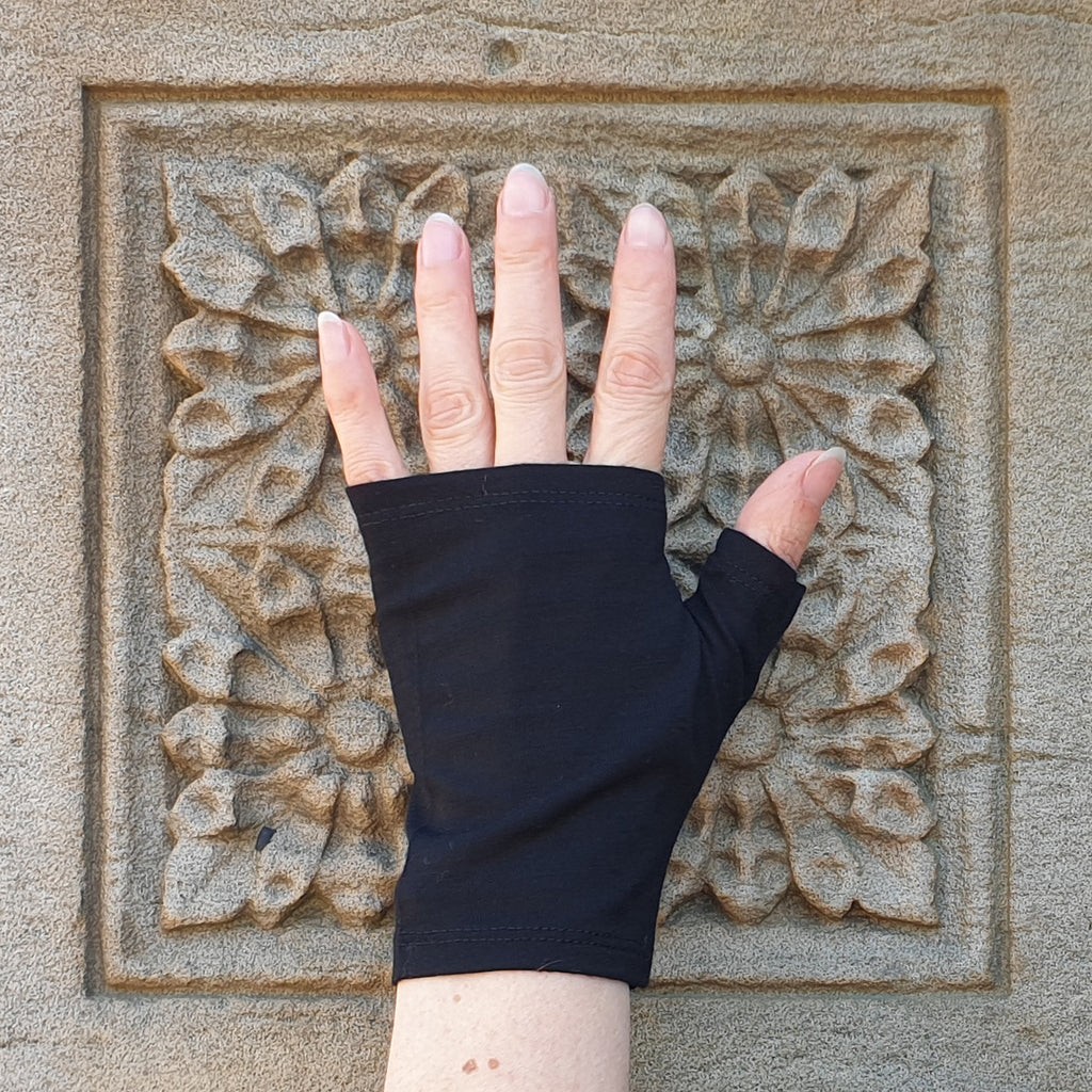 Black hobo length merino fingerless gloves