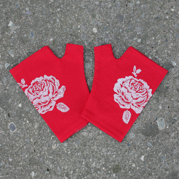 Red hobo length rose print merino fingerless gloves
