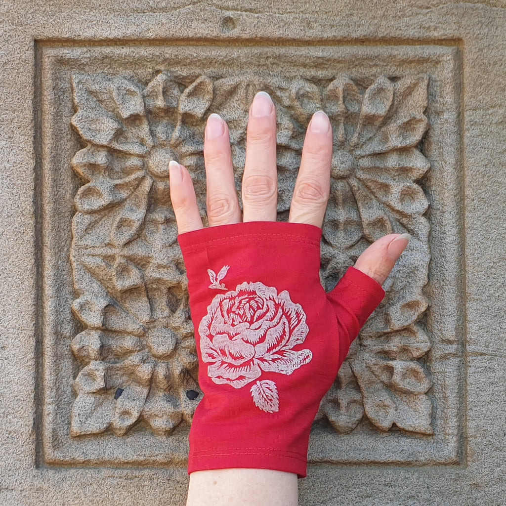 Red hobo length rose print merino fingerless gloves