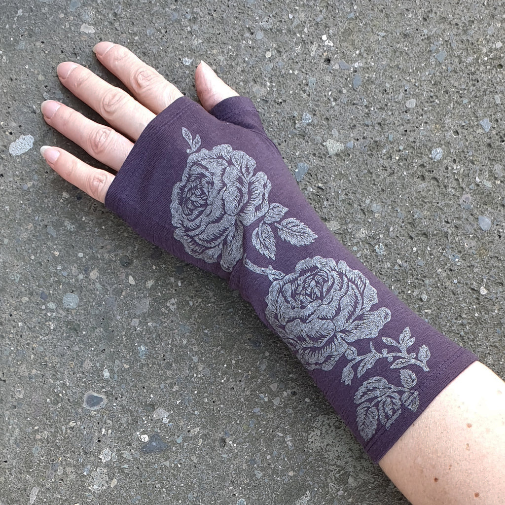 Purple rose print merino fingerless gloves