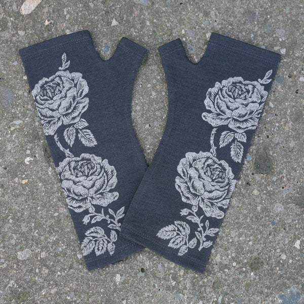 Charcoal rose print merino fingerless gloves